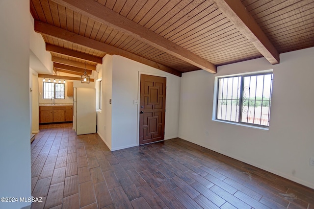 interior space featuring vaulted ceiling with beams, sink, wooden ceiling, and dark wood-type flooring