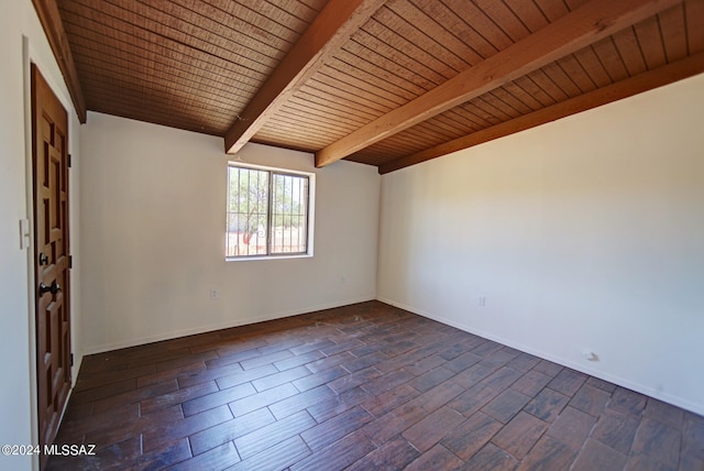 spare room featuring beamed ceiling and wooden ceiling