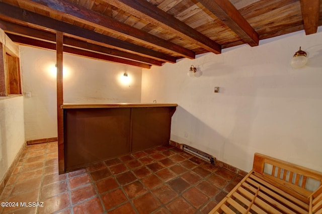 interior space with tile patterned flooring, beamed ceiling, and wooden ceiling