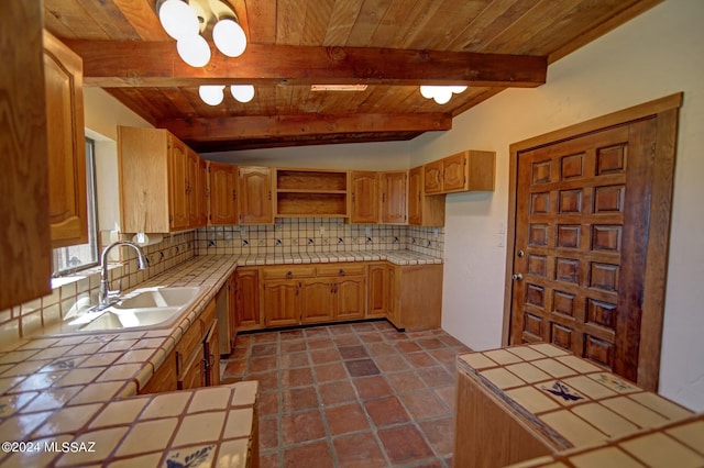 kitchen featuring tile countertops, beam ceiling, sink, and decorative backsplash