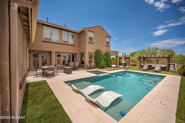 view of pool with a pergola, french doors, a patio area, outdoor lounge area, and a diving board