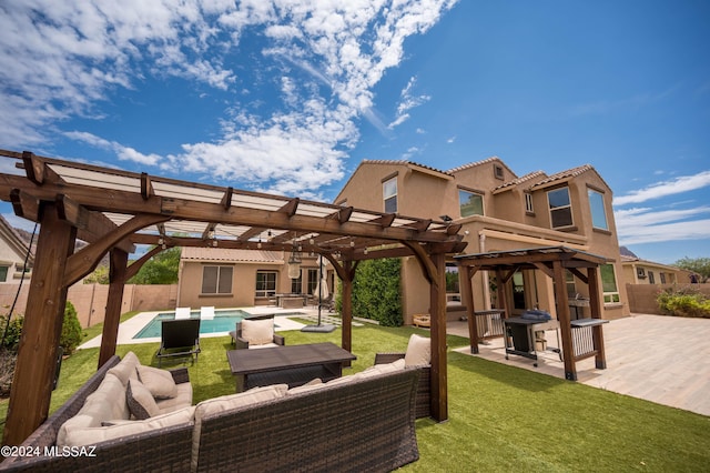 view of patio with a fenced backyard, a fenced in pool, an outdoor hangout area, and a pergola