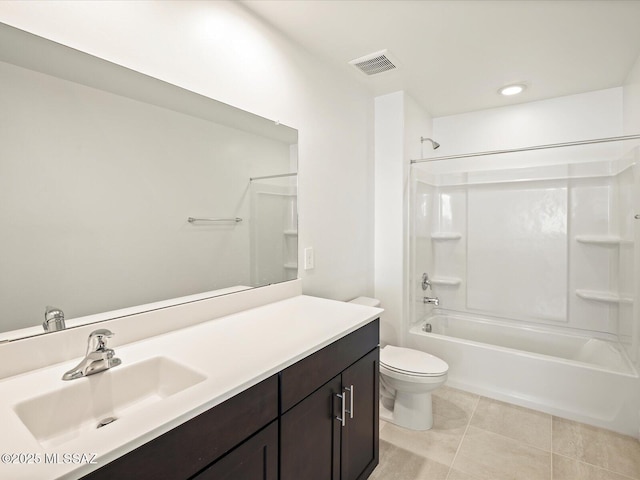 bathroom featuring shower / bathing tub combination, visible vents, vanity, tile patterned floors, and toilet