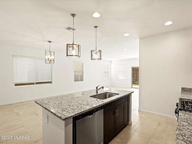 kitchen with stainless steel dishwasher, visible vents, a sink, and light stone counters