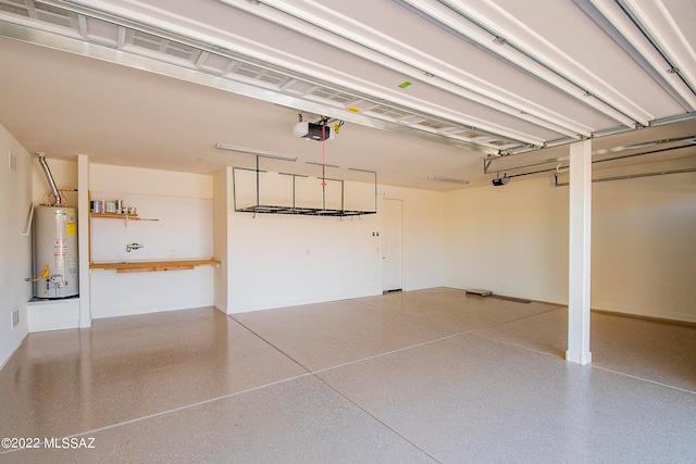 garage with gas water heater and a garage door opener