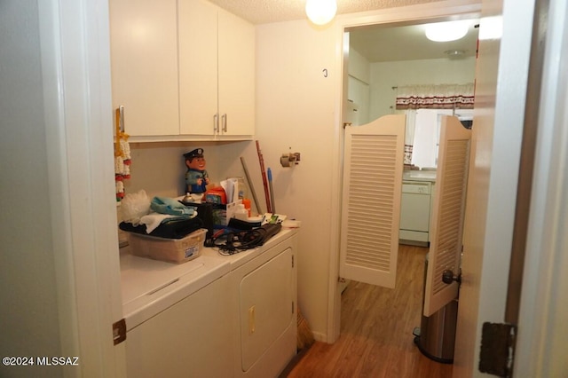 laundry room featuring light wood-type flooring, cabinet space, and washer and clothes dryer