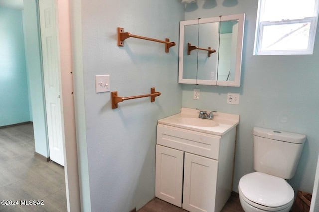 bathroom featuring toilet, vanity, and wood finished floors