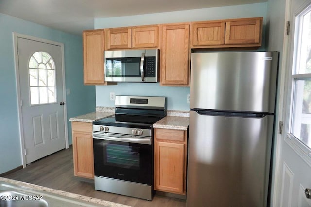 kitchen featuring light countertops, stainless steel appliances, and light wood-type flooring