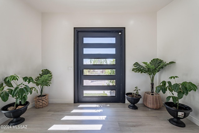 foyer entrance with baseboards and wood finished floors