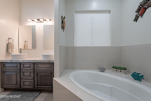 bathroom featuring double vanity, wood finished floors, a sink, and a bath