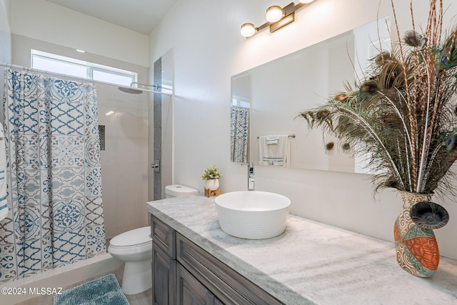 full bathroom featuring a shower stall, toilet, and vanity