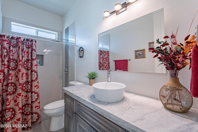 bathroom featuring curtained shower, vanity, and toilet