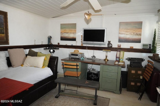 bedroom featuring light hardwood / wood-style floors, wooden ceiling, and lofted ceiling with beams
