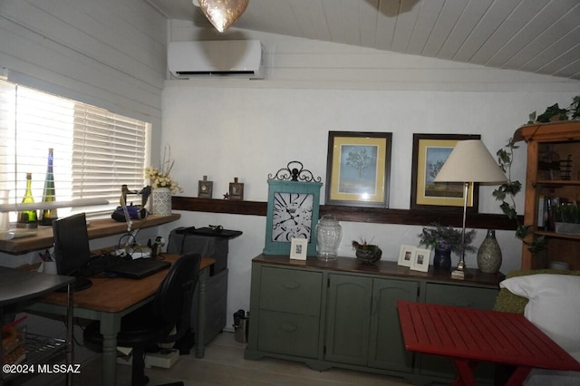 home office with lofted ceiling, wooden ceiling, and a wall unit AC