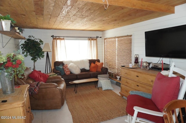 living room with wooden ceiling