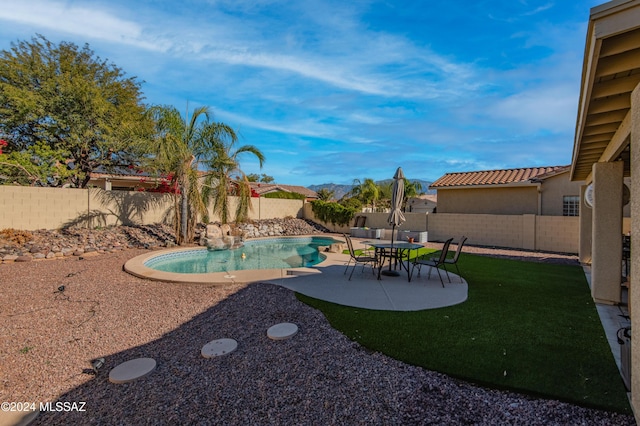 view of yard featuring a fenced in pool and a patio area