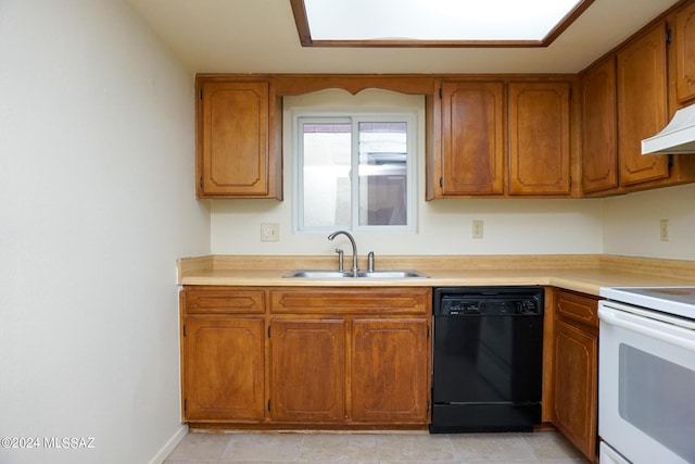 kitchen featuring a sink, black dishwasher, white electric range oven, brown cabinetry, and light countertops