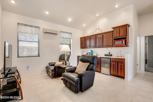 interior space with indoor wet bar, a wall mounted AC, high vaulted ceiling, and light tile patterned flooring