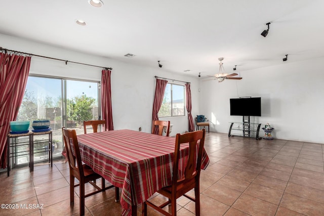 dining area with tile patterned floors, recessed lighting, ceiling fan, and visible vents