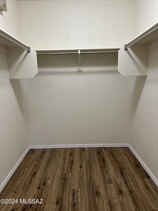 walk in closet with dark hardwood / wood-style flooring