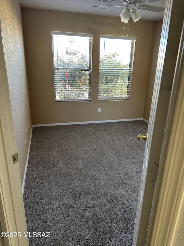 carpeted empty room with a wealth of natural light and ceiling fan