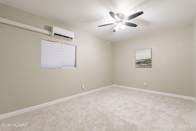 carpeted empty room with ceiling fan and an AC wall unit