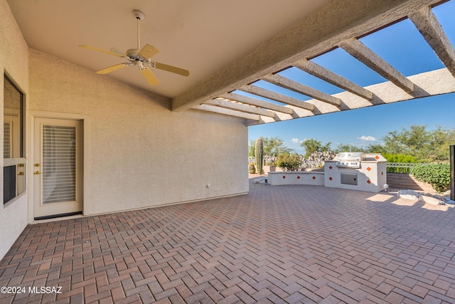 view of patio / terrace with ceiling fan, a pergola, and area for grilling