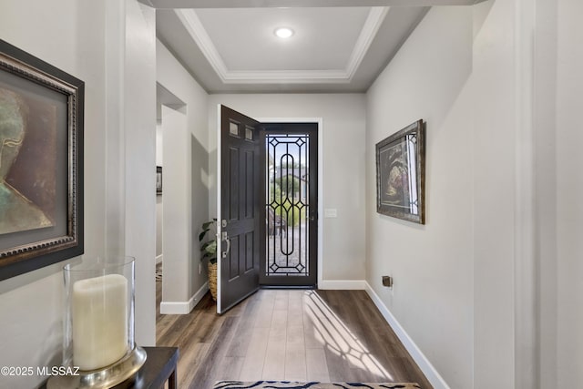 foyer featuring a tray ceiling, crown molding, and wood-type flooring