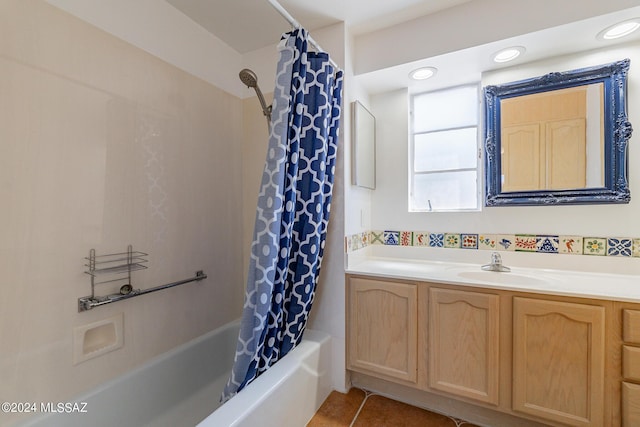 full bathroom featuring shower / tub combo, recessed lighting, vanity, and tile patterned floors