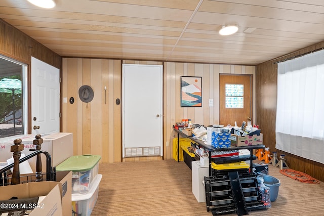 interior space with wooden walls and light colored carpet