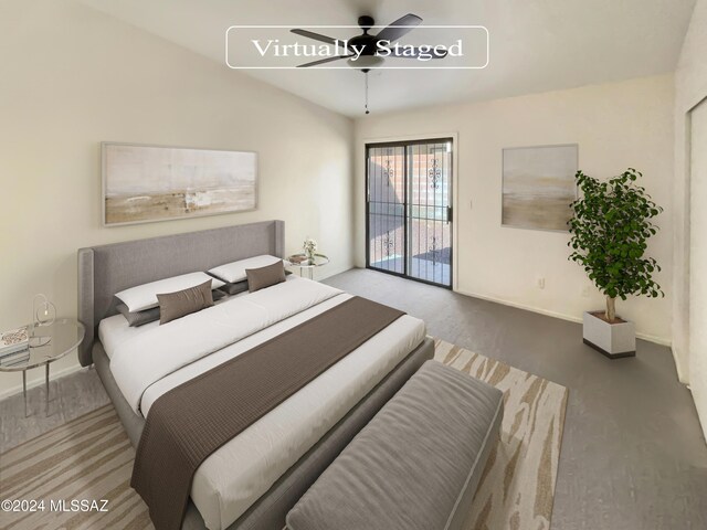 bedroom featuring ceiling fan, vaulted ceiling, and access to outside