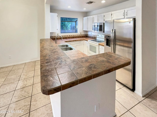 kitchen featuring kitchen peninsula, stainless steel appliances, white cabinetry, and sink