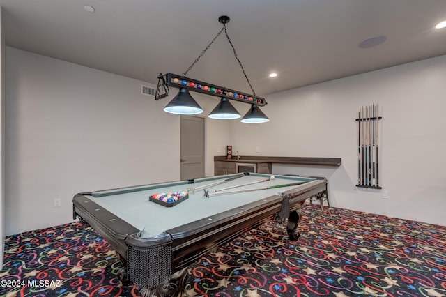 playroom with billiards and carpet