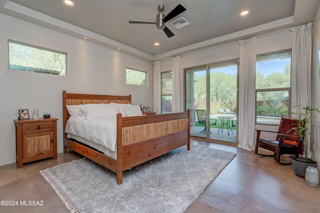 bedroom with recessed lighting, visible vents, a ceiling fan, concrete flooring, and access to outside