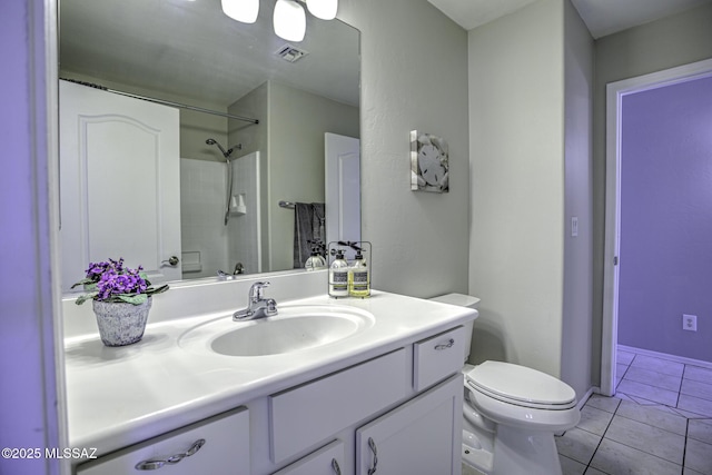 full bath with vanity, tile patterned flooring, visible vents, toilet, and walk in shower