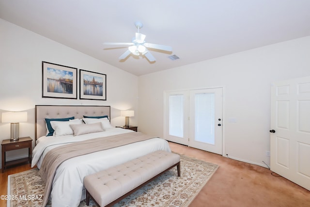 bedroom featuring a ceiling fan, baseboards, visible vents, and vaulted ceiling