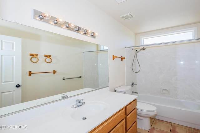 full bath featuring visible vents, tile patterned floors, vanity, toilet, and  shower combination