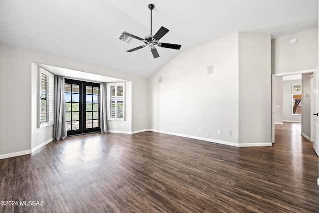 unfurnished room with ceiling fan, french doors, and dark hardwood / wood-style floors