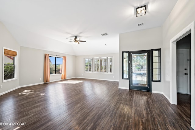 foyer entrance featuring dark hardwood / wood-style floors, ceiling fan, and lofted ceiling