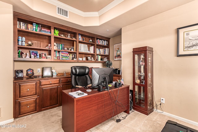 office space with ornamental molding and light carpet