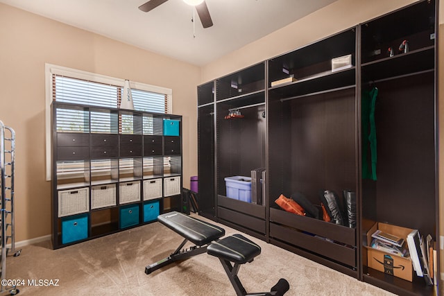 interior space with ceiling fan and carpet flooring