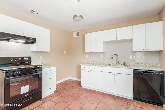 kitchen featuring backsplash, white cabinetry, black appliances, and sink