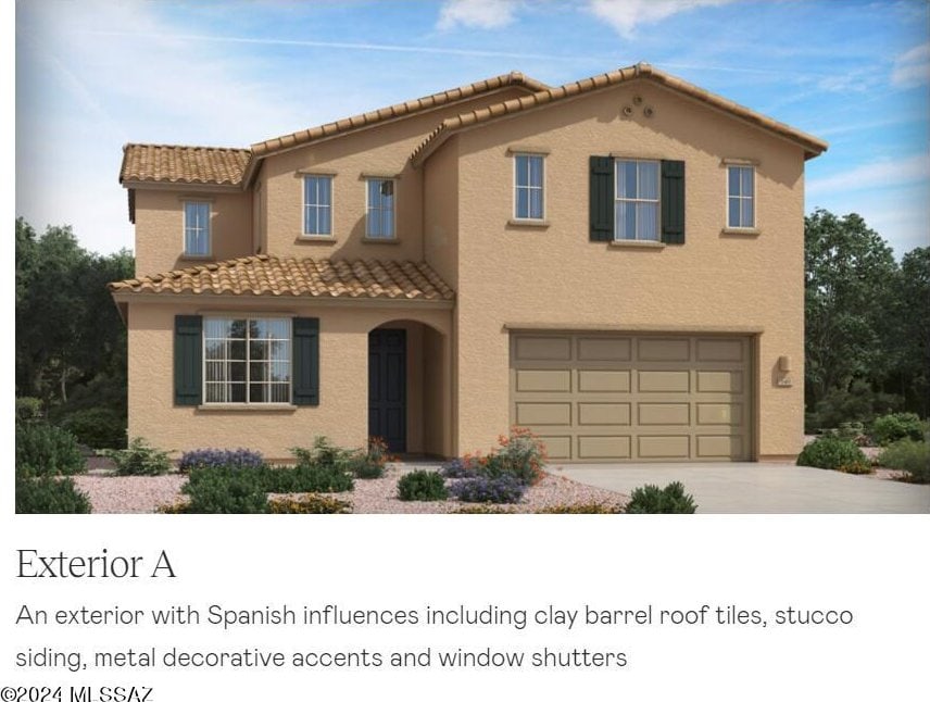 mediterranean / spanish-style home with a garage, concrete driveway, a tiled roof, and stucco siding