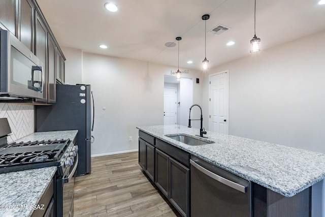 kitchen featuring tasteful backsplash, visible vents, appliances with stainless steel finishes, light wood-type flooring, and a sink