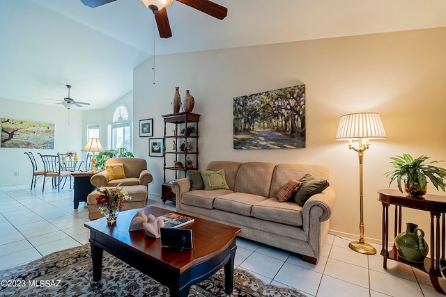 tiled living room featuring lofted ceiling and ceiling fan