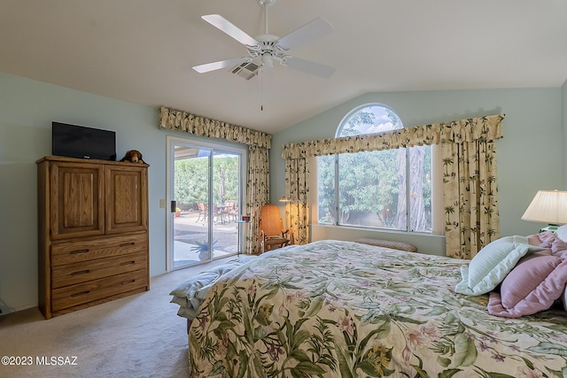 bedroom with access to exterior, visible vents, light carpet, vaulted ceiling, and ceiling fan