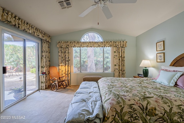 carpeted bedroom with lofted ceiling, access to exterior, visible vents, and a ceiling fan