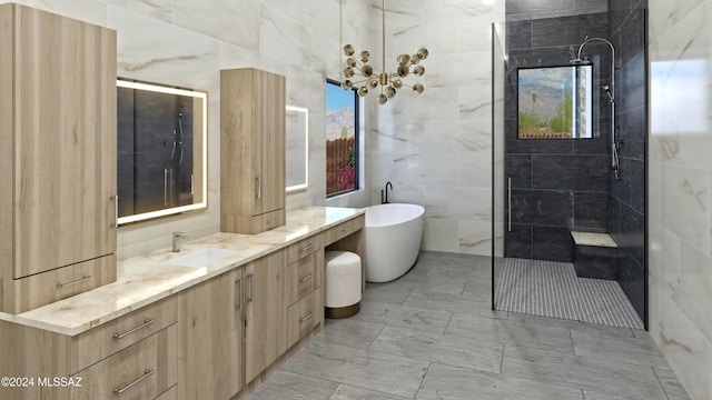 bathroom featuring shower with separate bathtub, vanity, and tile walls