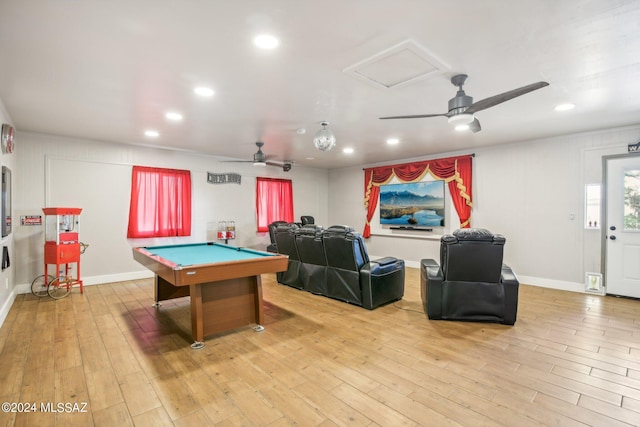 rec room with billiards, a ceiling fan, and light wood finished floors