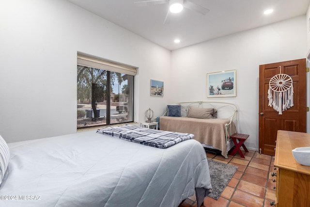 bedroom with access to exterior, recessed lighting, light tile patterned floors, and a ceiling fan